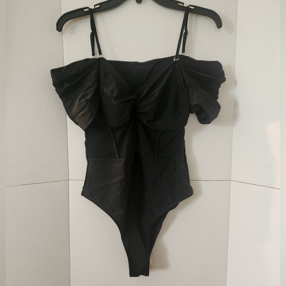 Shein Bodysuit Size Large Black Off The Shoulder Mesh Waist